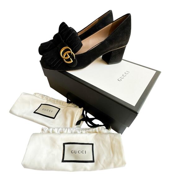 Gucci GG Marmont Fringe Block Heel Pumps Black Suede 39 - Picture 1 of 13